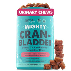 Mighty Paw Cran-Bladder, botella con arándano para apoyar la salud urinaria diaria de tu perro.