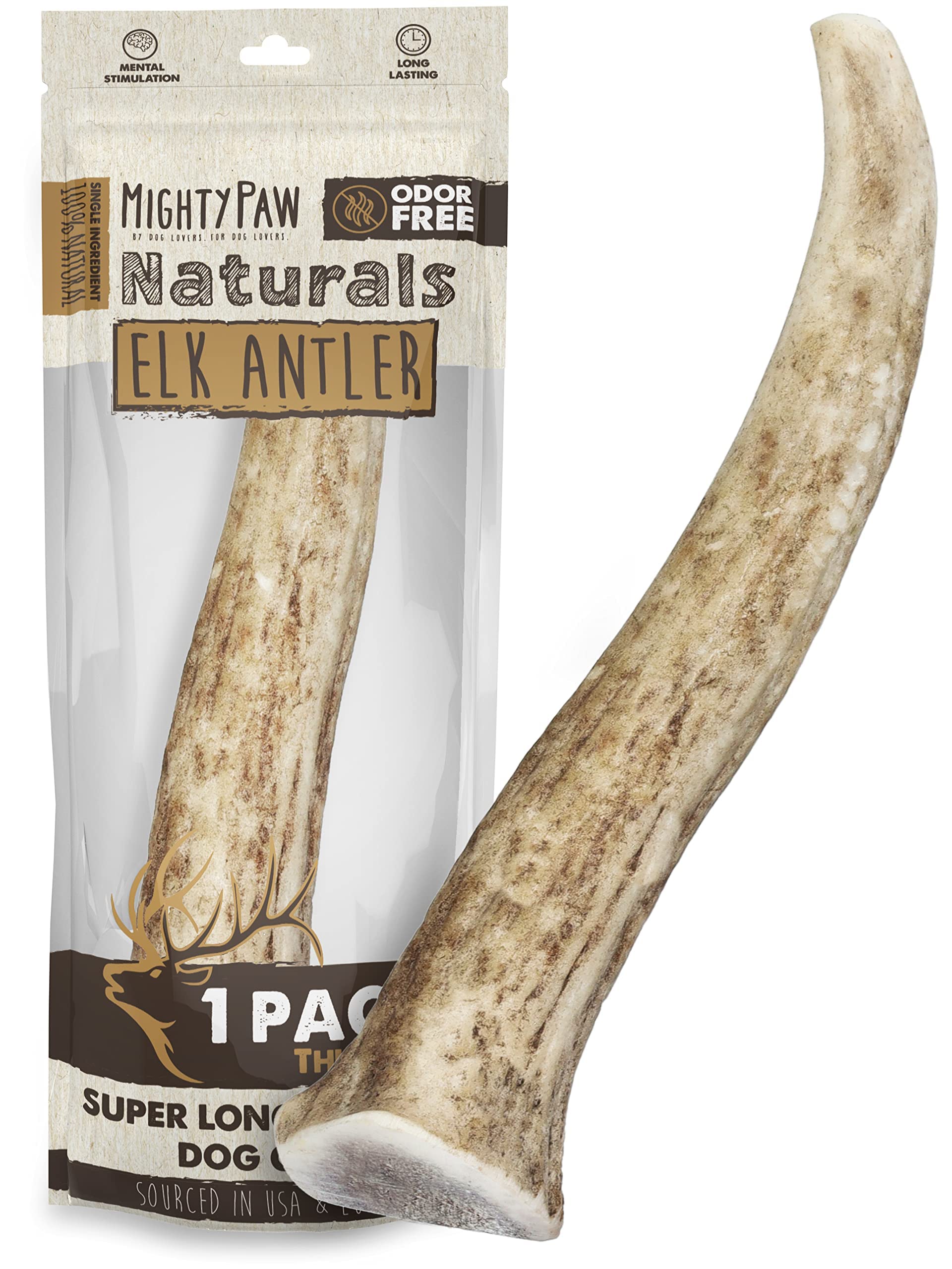 Mighty Paw astas de ciervo partidas para perro mediano, masticación natural y duradera.