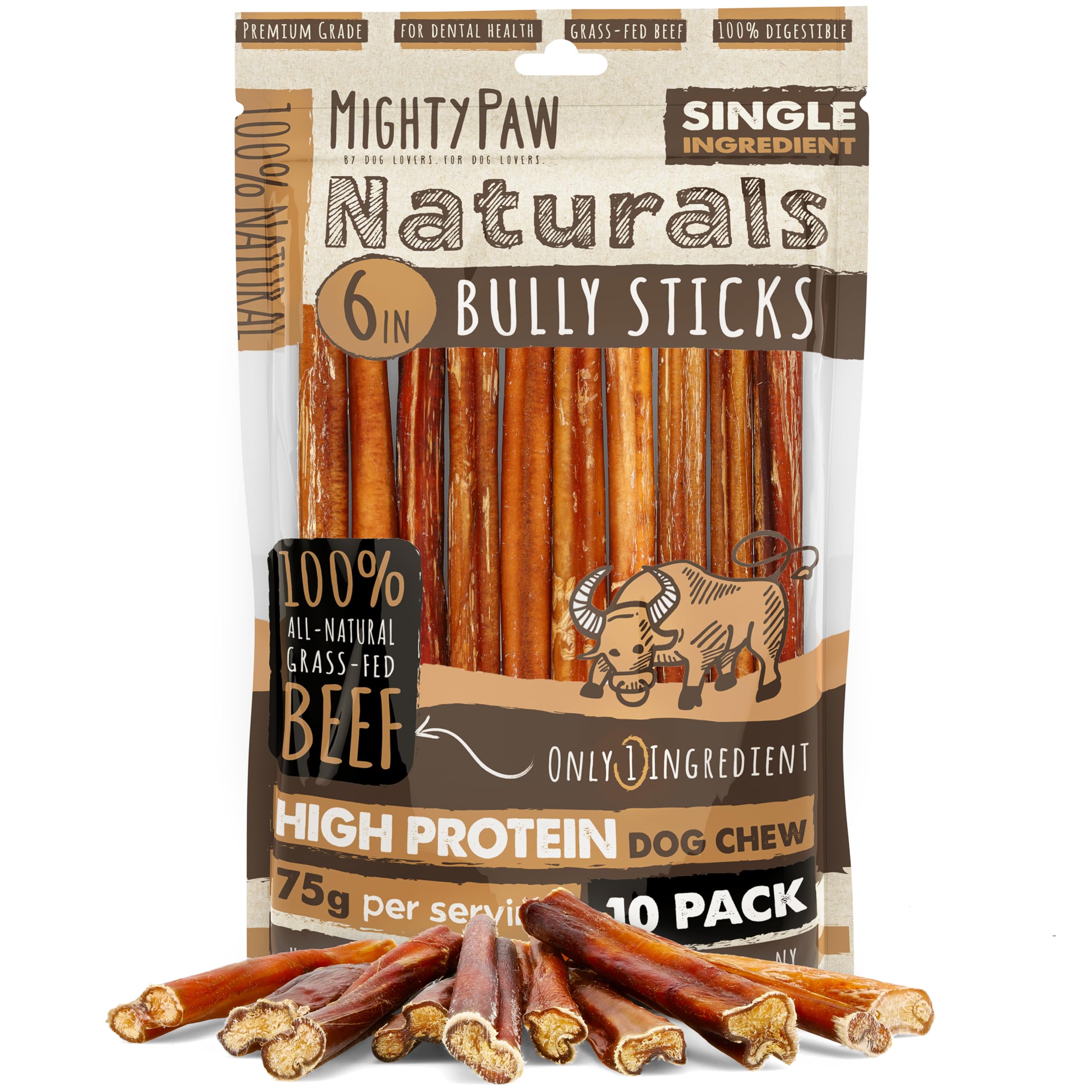 Mighty Paw Naturals Bully Stick de 6 pulgadas, ideal para masticación controlada.