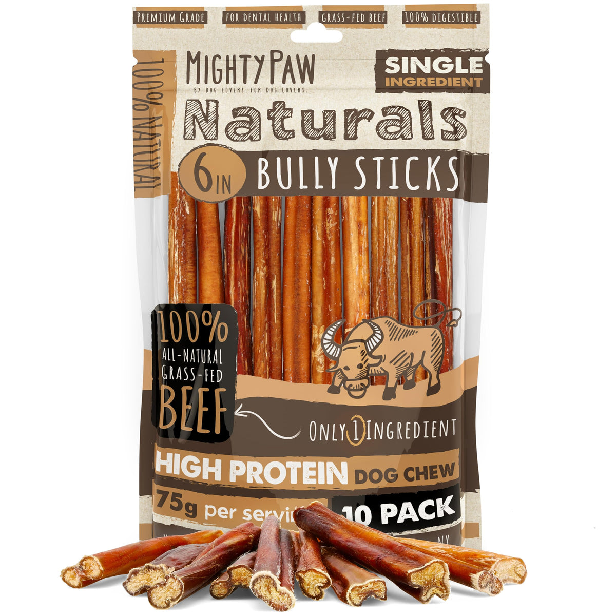 Mighty Paw Naturals Bully Stick de 6 pulgadas, ideal para masticación controlada.
