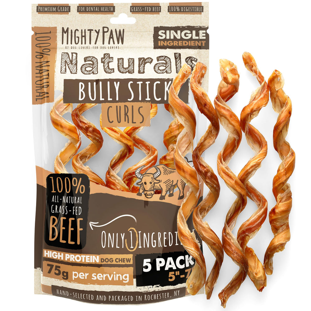 Mighty Paw Naturals Curly Bully Sticks 6 pulgadas, snack duradero para perros.