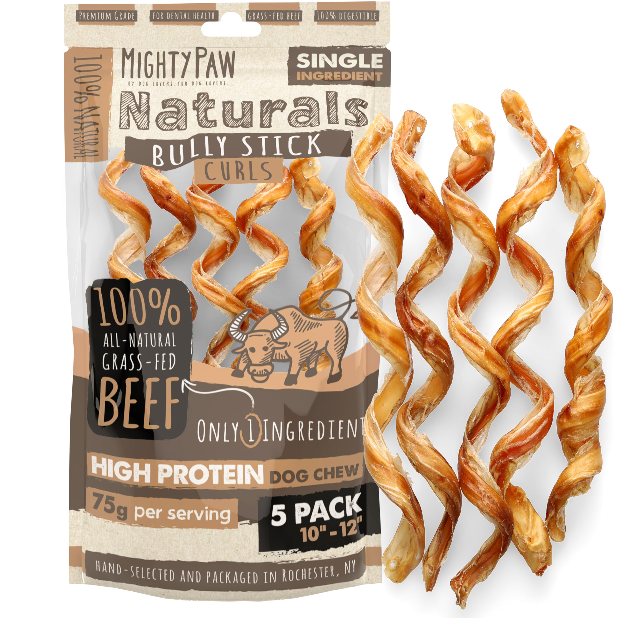 Palitos Mighty Paw Naturals con forma rizada para perros; ocupan y promueven higiene dental.