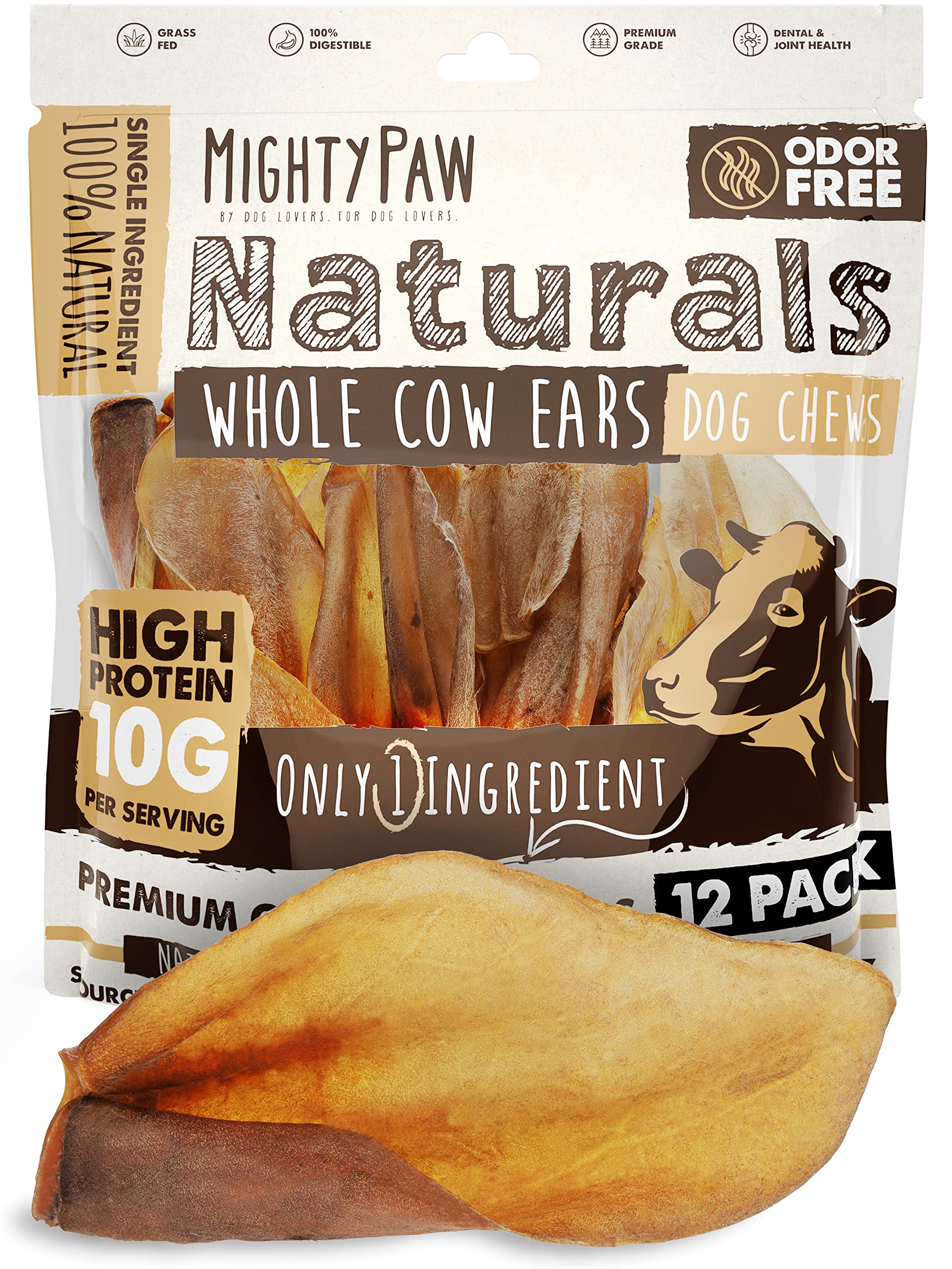 Mighty Paw orejas de vaca natural para perros, snack proteico para todas las tallas.