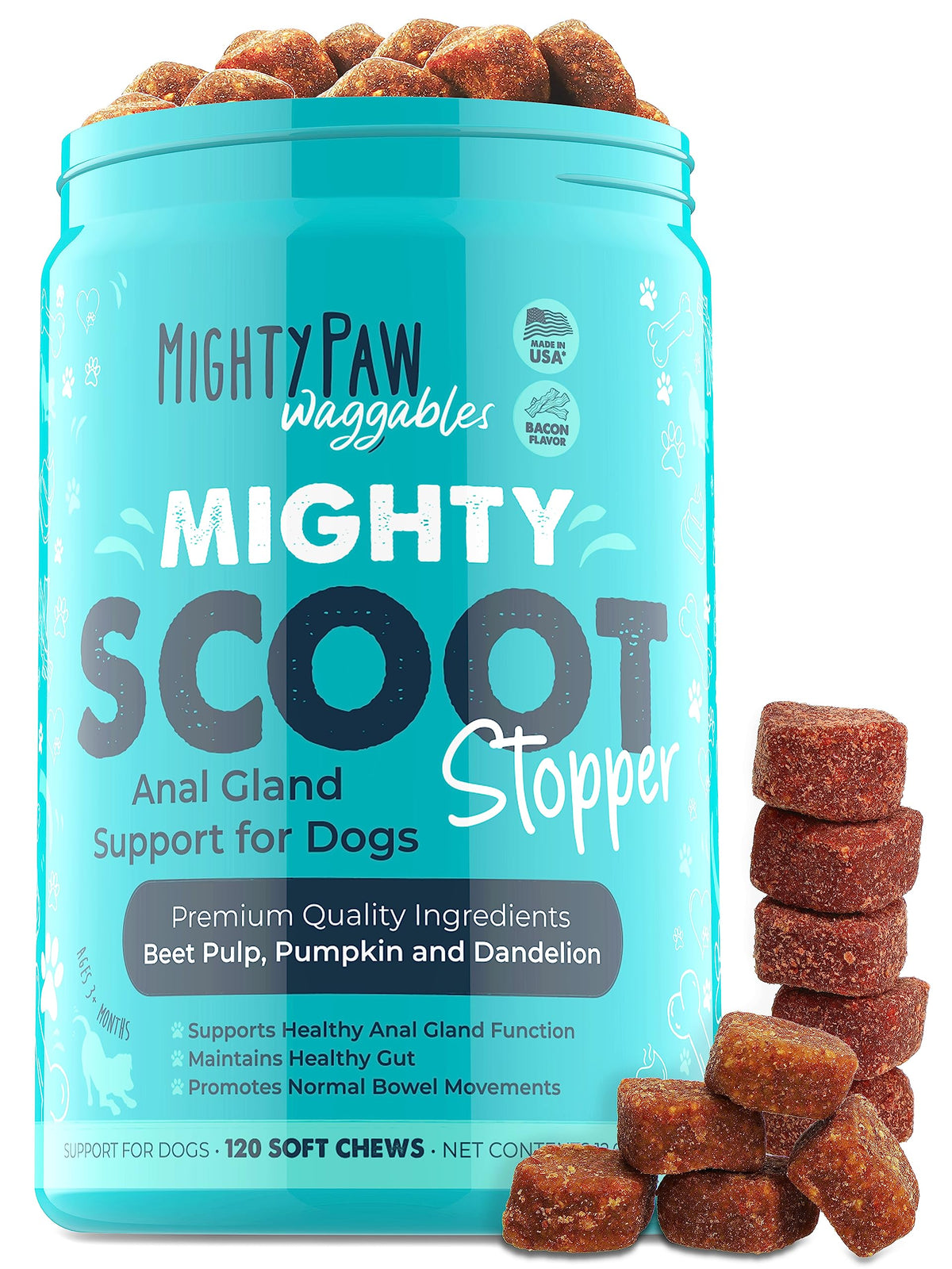 Mighty Scoot en frasco, masticables para apoyo digestivo en perros