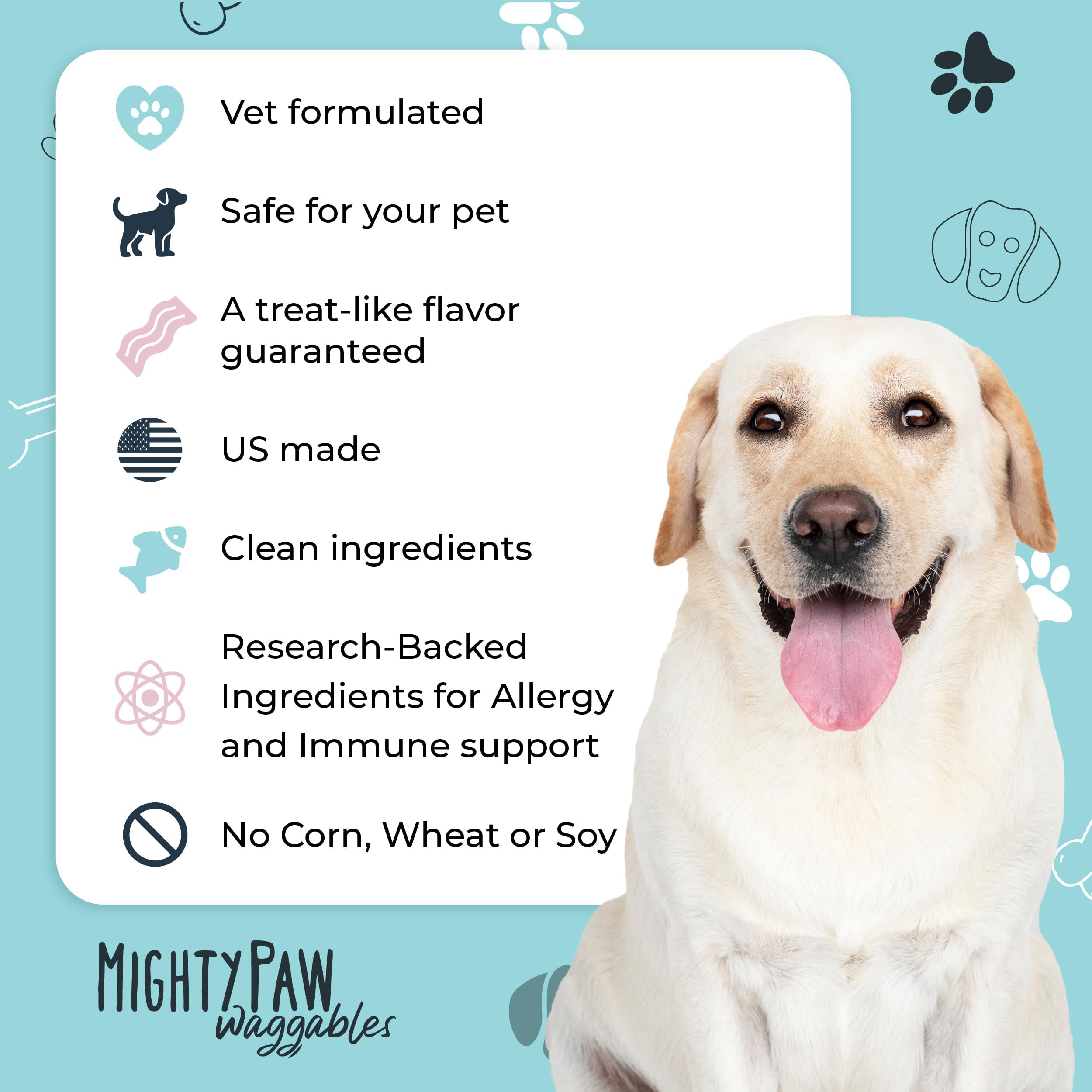 Perro recibiendo el premio Mighty Paw Waggables durante la rutina.