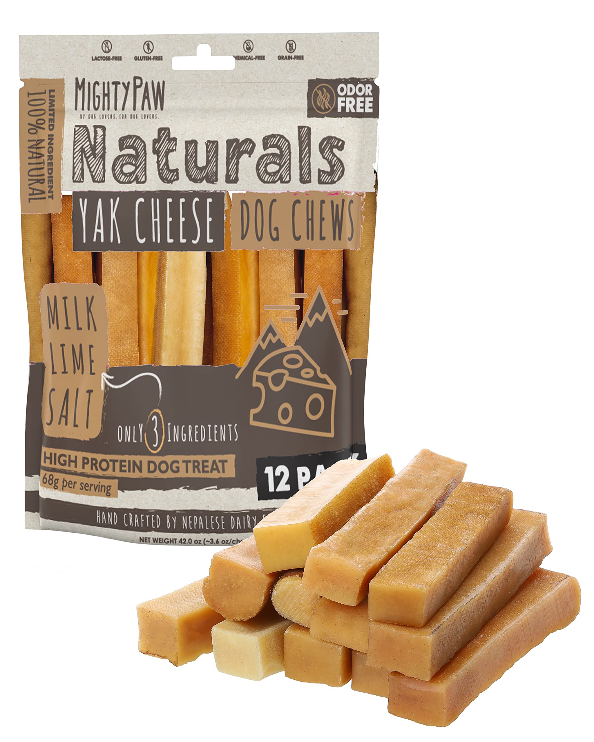 Mighty Paw Yak Cheese Chews en empaque, opción natural para masticar.