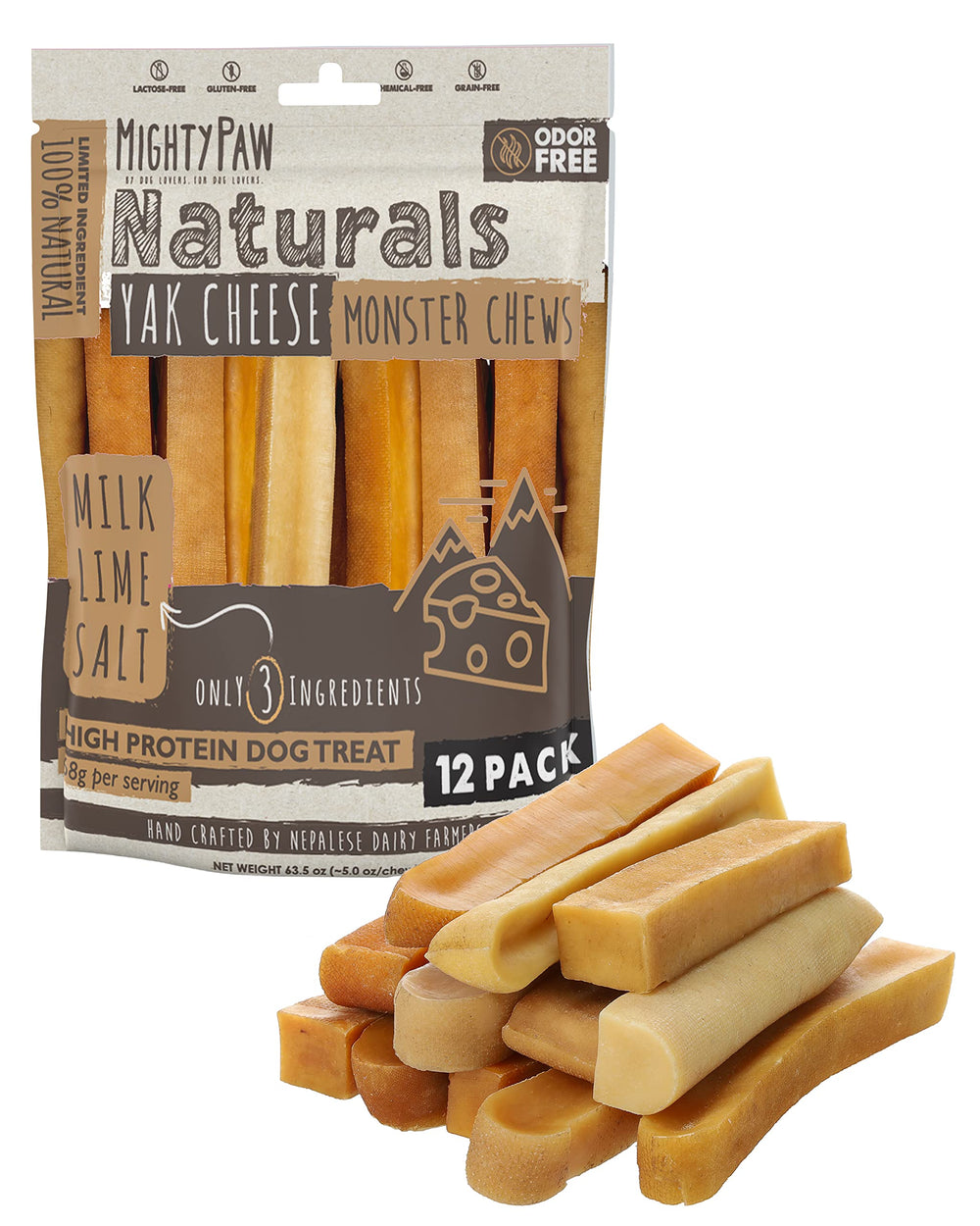 Mighty Paw Yak Cheese Chews: paquete de 12, frente al envase, ideal para perros grandes.