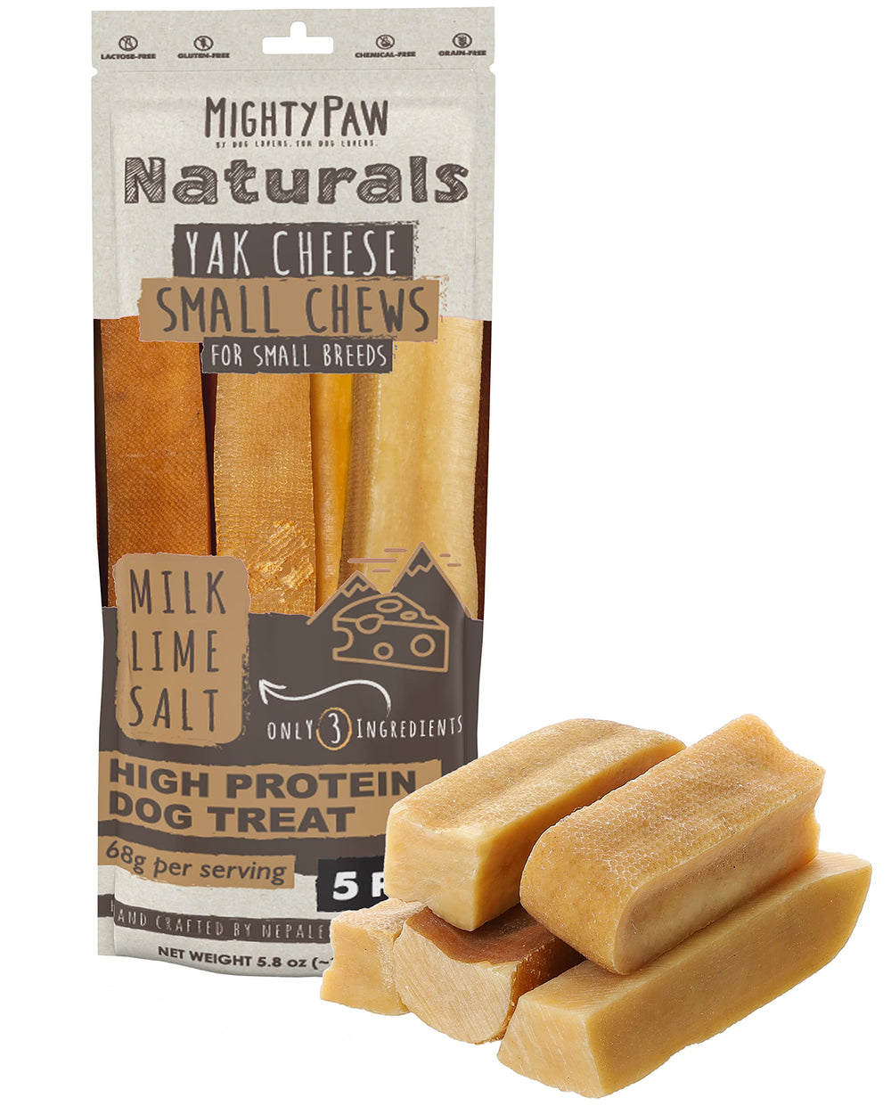 Mighty Paw Yak Cheese Sticks: ingredientes simples y naturales para perros.