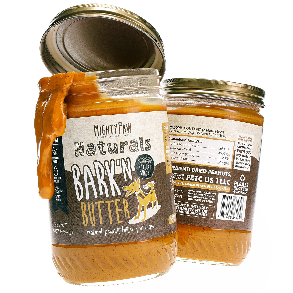 Mighty Paw Bark'n Butter frasco frontal, mantequilla de maní natural para perros.