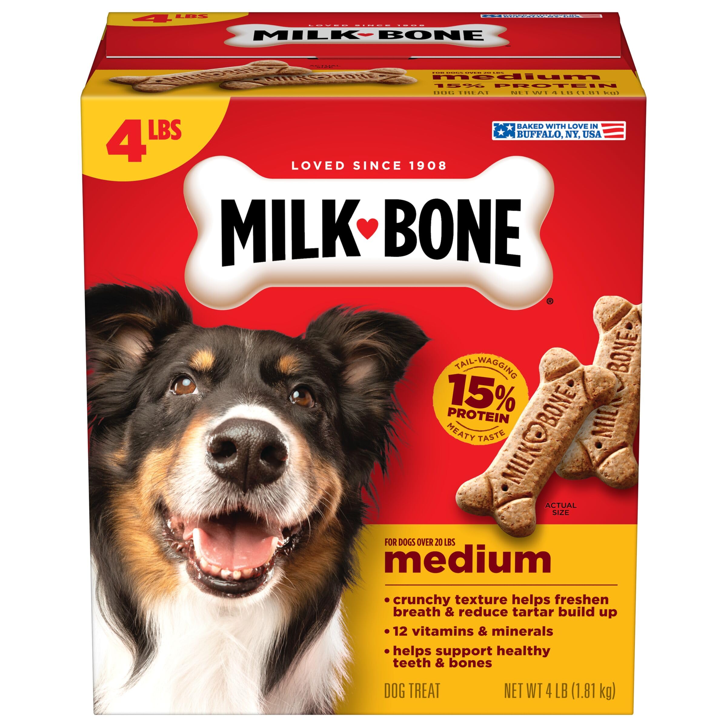 Milk-Bone Original galletas crujientes en caja, para perros medianos; sabroso snack diario.