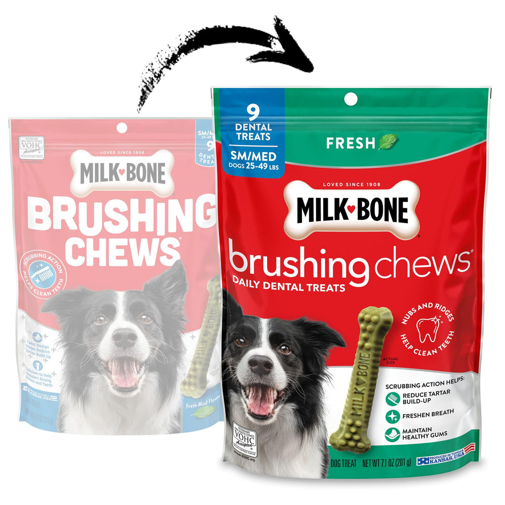 Milk-Bone Brushing Chews Original sabor pollo, 9 piezas por bolsa, limpieza dental.