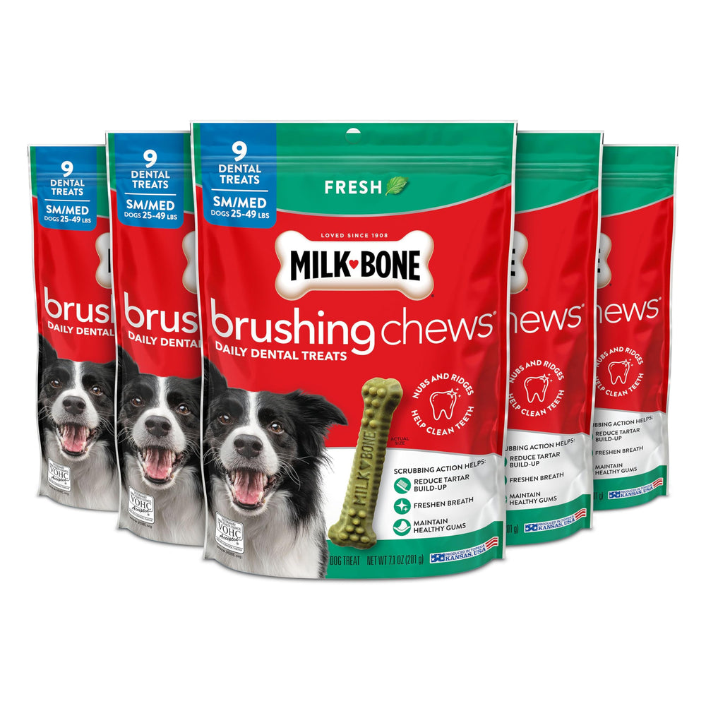 Milk-Bone Brushing Chews Original sabor pollo, paquete 5, masticables dentales para perros.