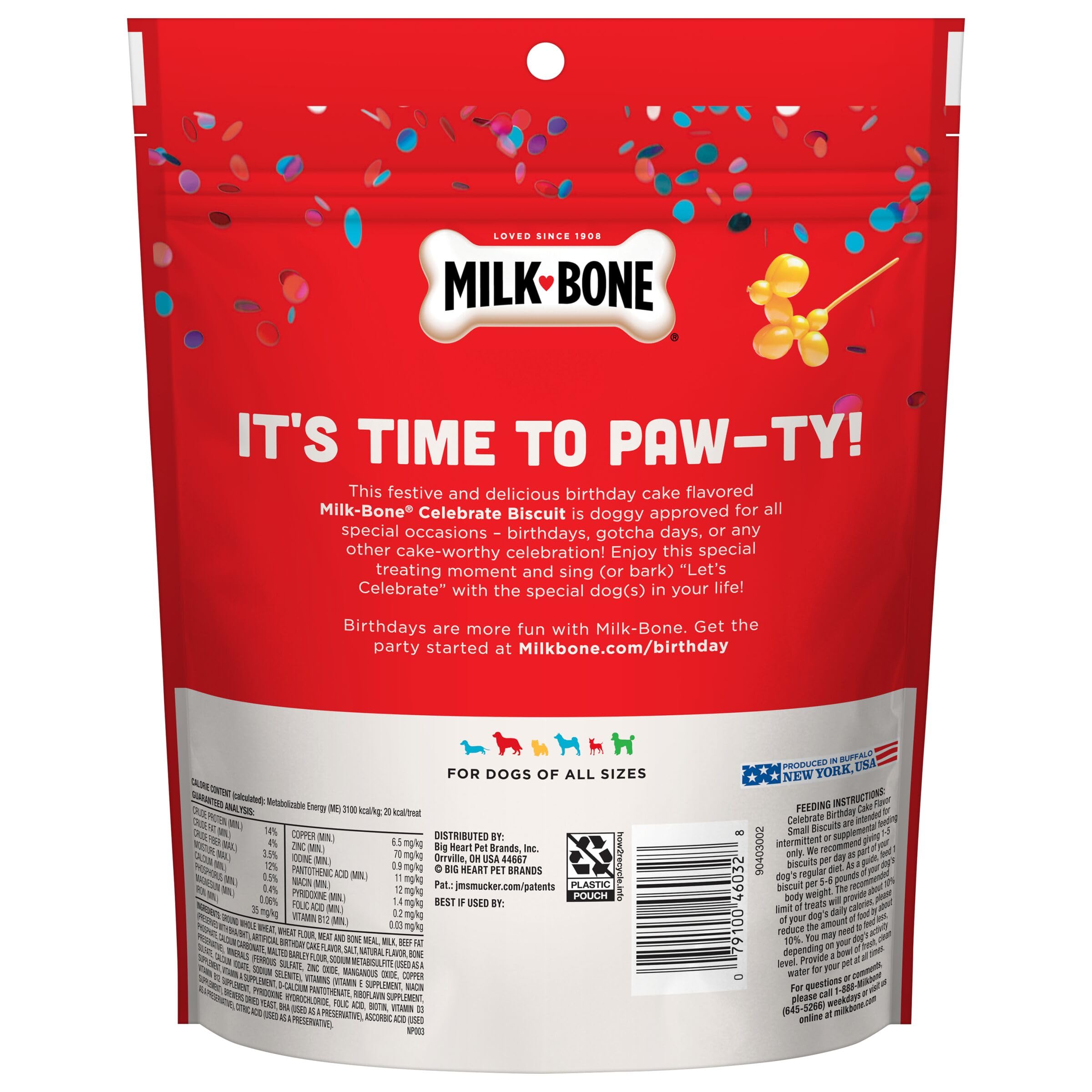 Milk-Bone Celebrate sabor artificial de pastel, snack festivo para celebraciones caninas.