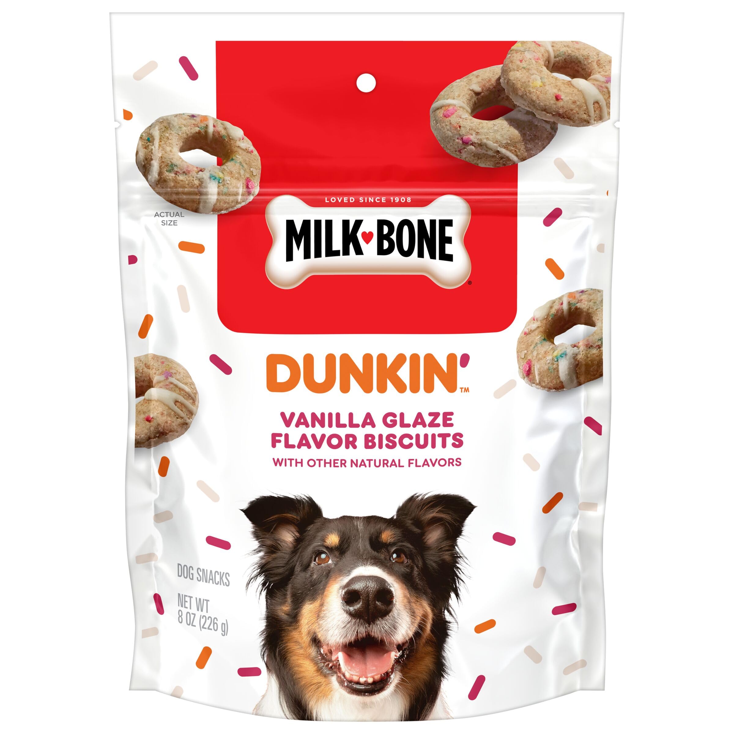 Milk-Bone Dunkin: galleta dona glaseada de vainilla, crujiente para masticar.