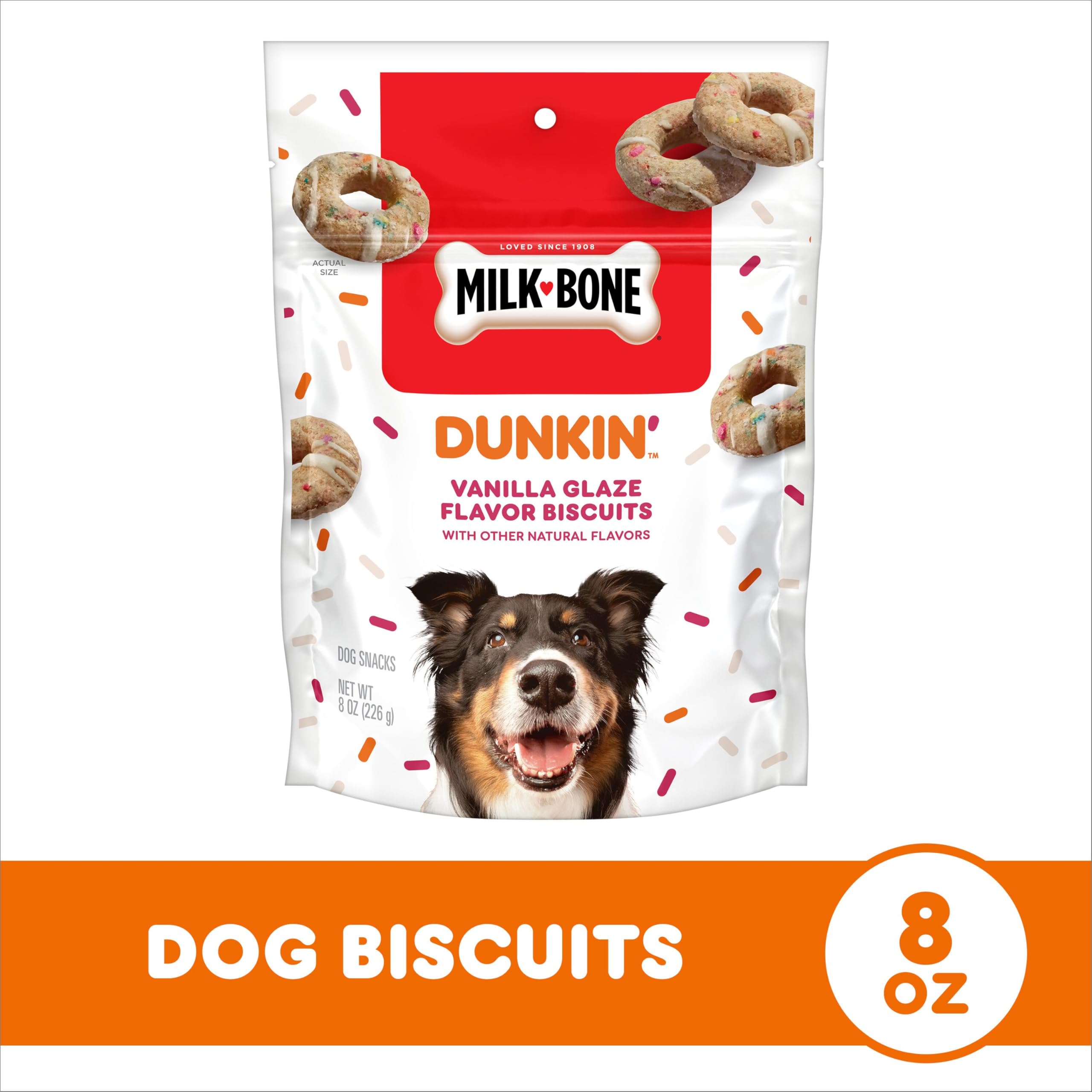 Milk-Bone Dunkin: galleta con granitos de azúcar coloridos para premio divertido.