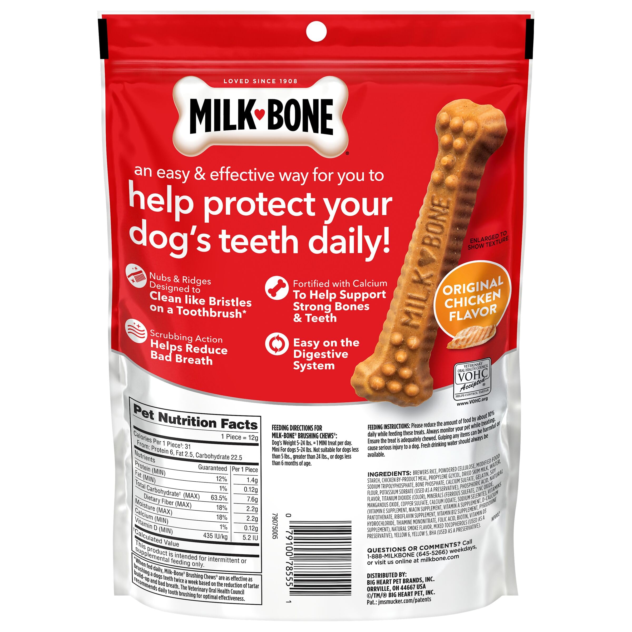 Milk-Bone masticables cepillado sabor pollo, ideal para razas pequeñas.
