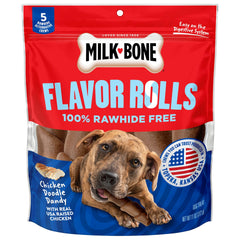 Milk-Bone Flavor Rolls en empaque, snack libre de cuero crudo para perros.