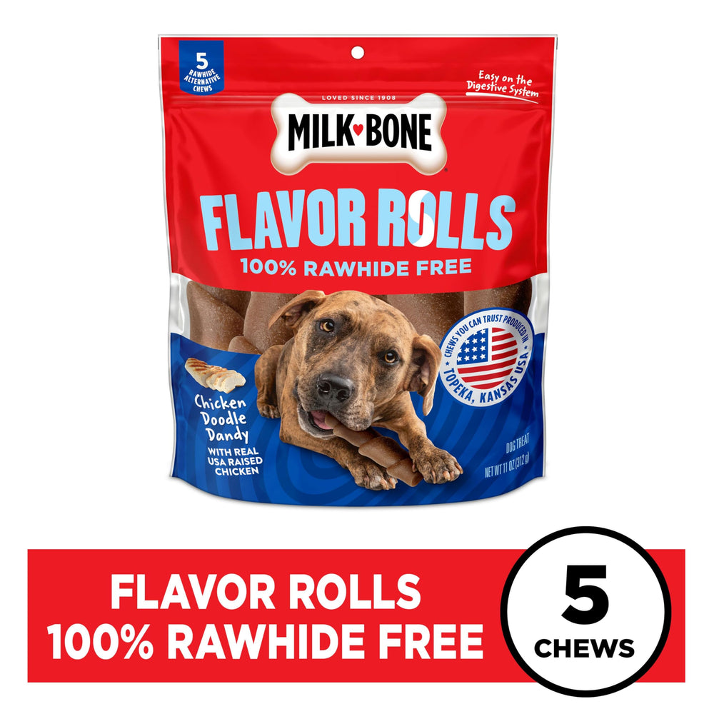 Milk-Bone Flavor Rolls enrollados ofrecen masticación entretenida para tu perro.