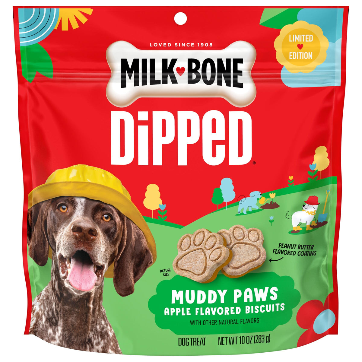 Milk-Bone galletas para perros bañadas patitas lodo, premio sabroso tras paseos.