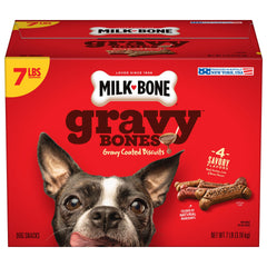 Milk-Bone Gravy Bones sabor res bañado en salsa, textura crujiente.