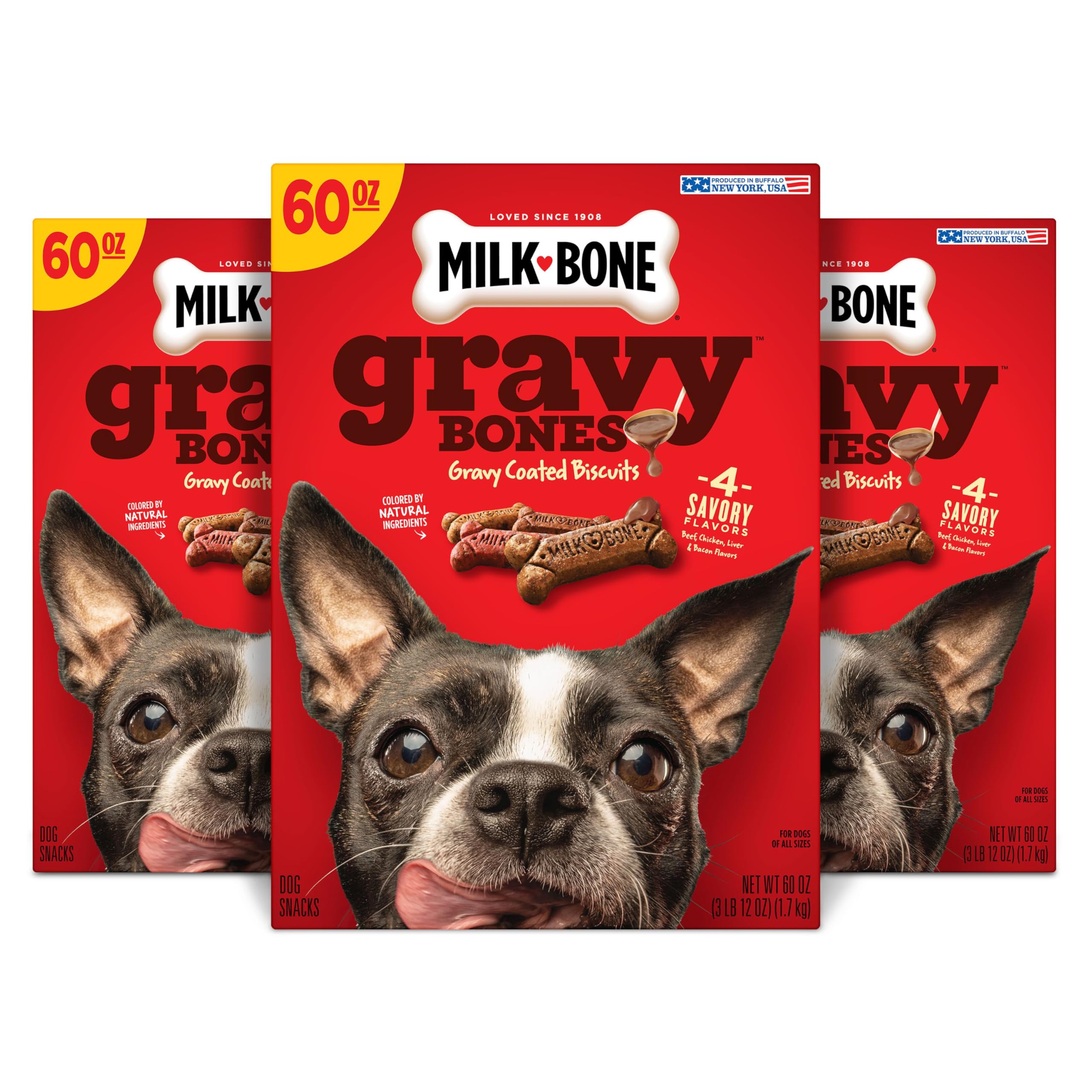 Milk-Bone GravyBones, tres cajas visibles, recompensa para perros.