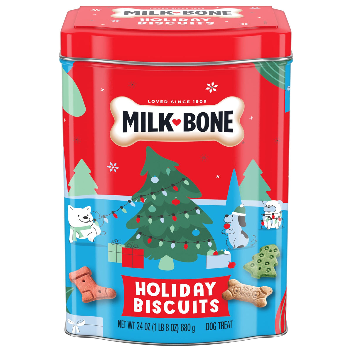 Milk-Bone Lata navideña de 24 oz, almacenamiento reutilizable para golosinas para perros.
