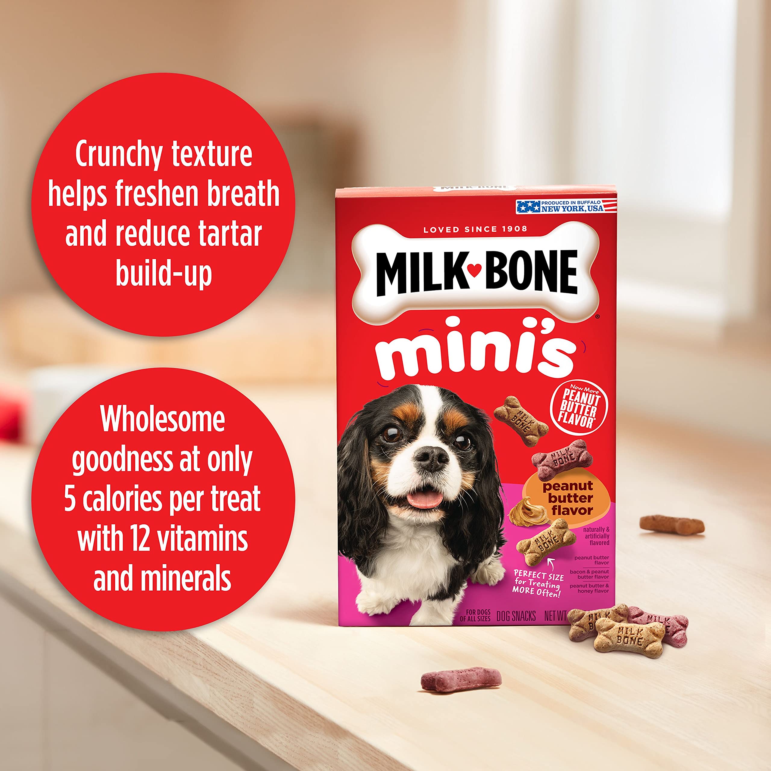 Milk-Bone Mini: sabores cacahuete con miel para variedad de gustos.