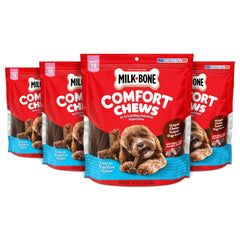 Milk-Bone Mini Comfort Chews, empaque de cuatro bolsas, opción conveniente para perros pequeños.