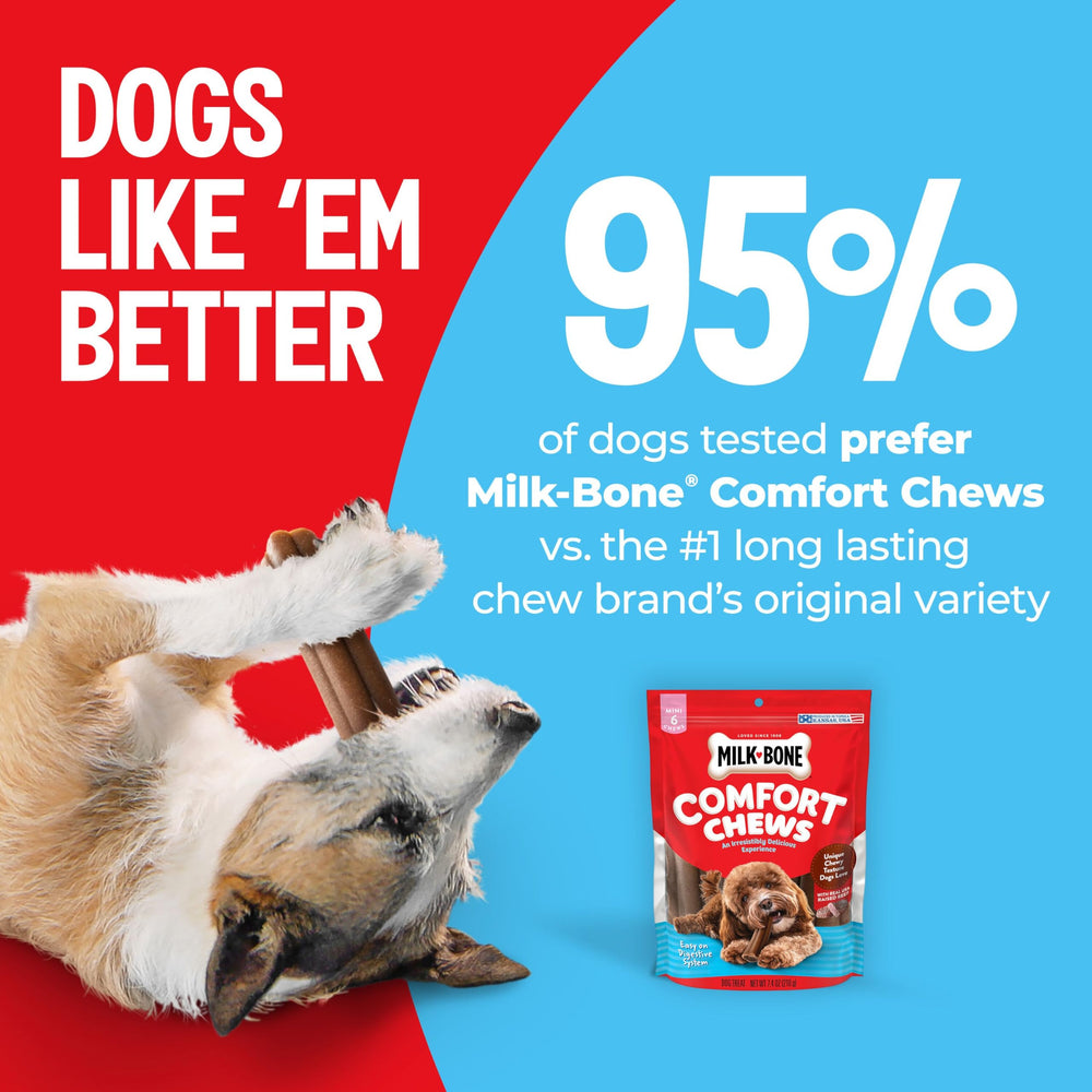 Milk-Bone Mini Comfort Chews fáciles de digerir, suaves para dientes y encías.