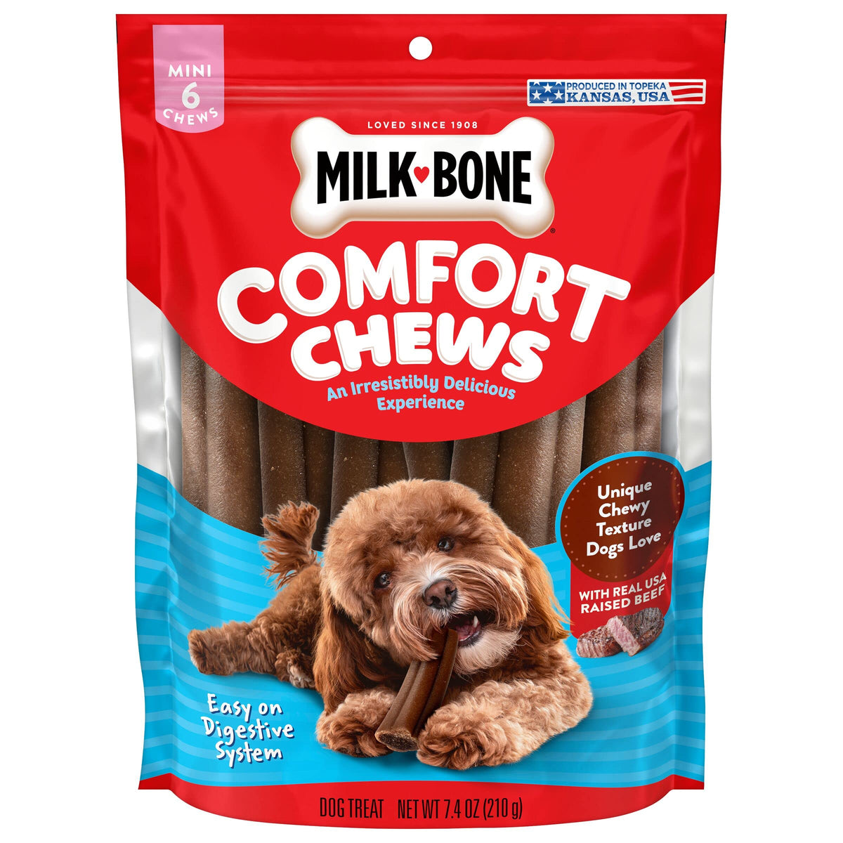 Milk-Bone Mini Comfort Chews, paquete de seis mini masticables, ideal para perros pequeños.