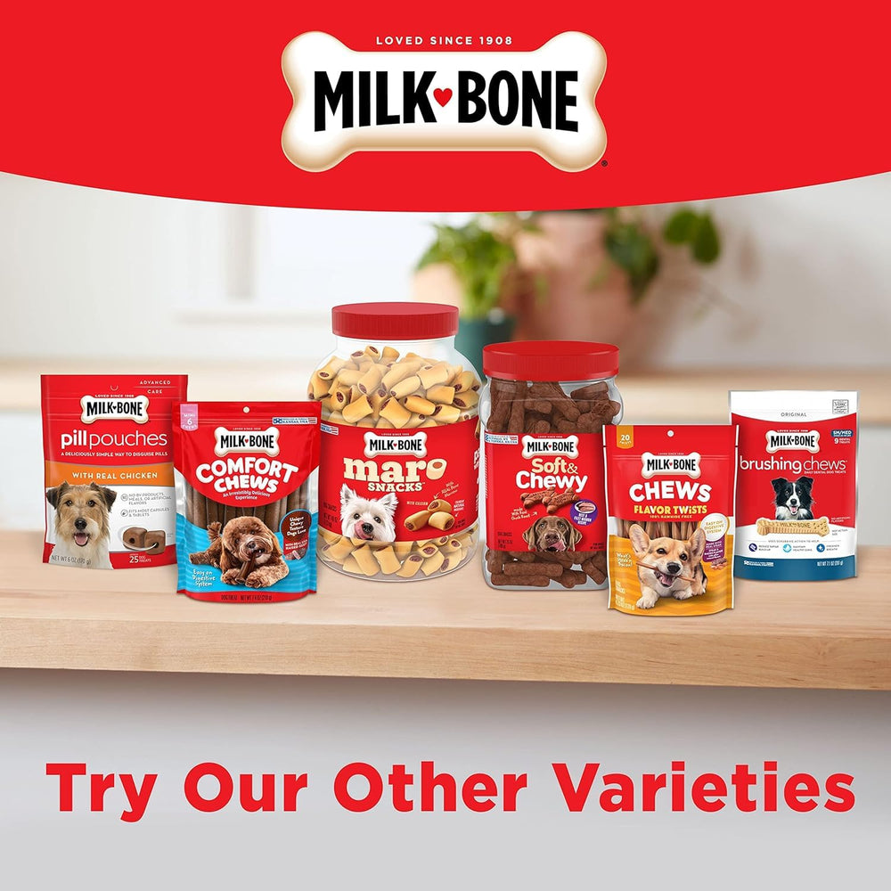 Milk-Bone Mini Comfort Chews sabor carne real para momentos de juego.