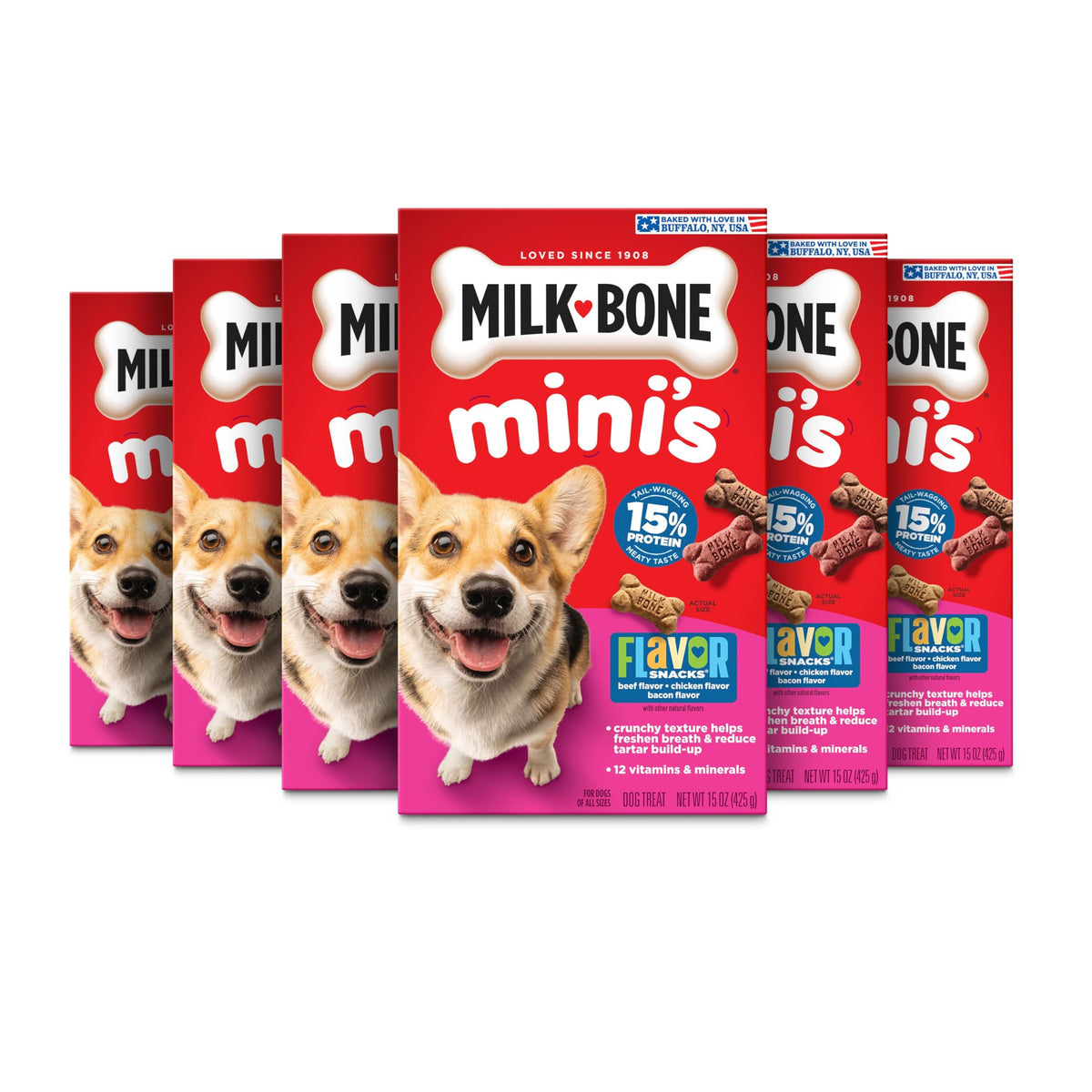 Milk-Bone Minis sabor carne, snack crujiente ideal para premiar al perro.
