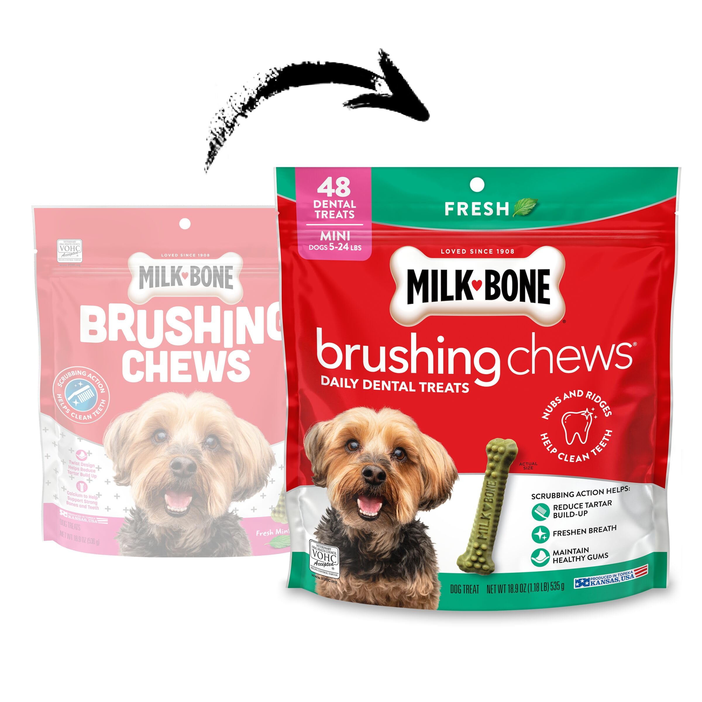 Empaque Milk-Bone de 48 masticables mini para perros pequeños.