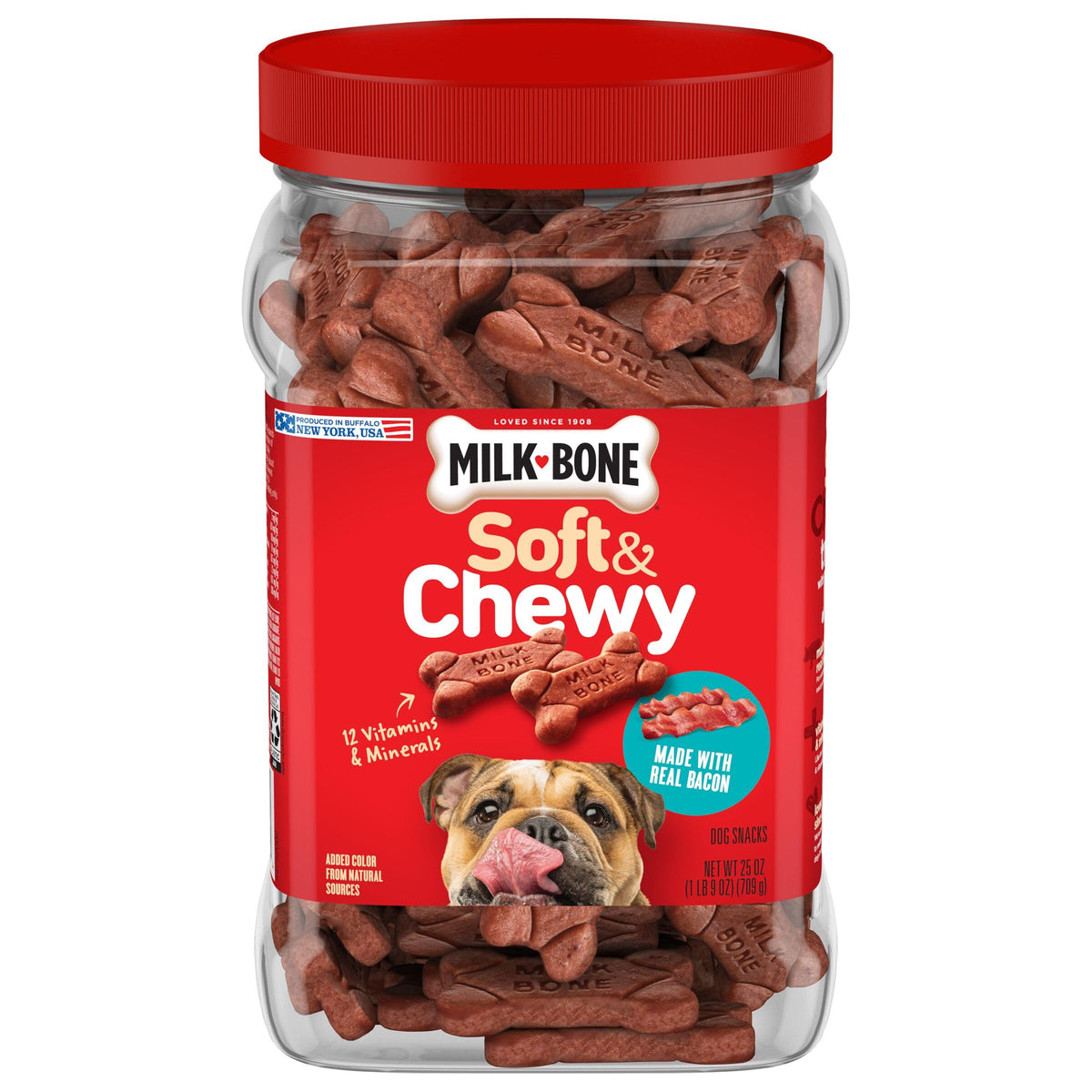 Milk-Bone Soft & Chewy real bacon canister highlighting savory aroma for dogs