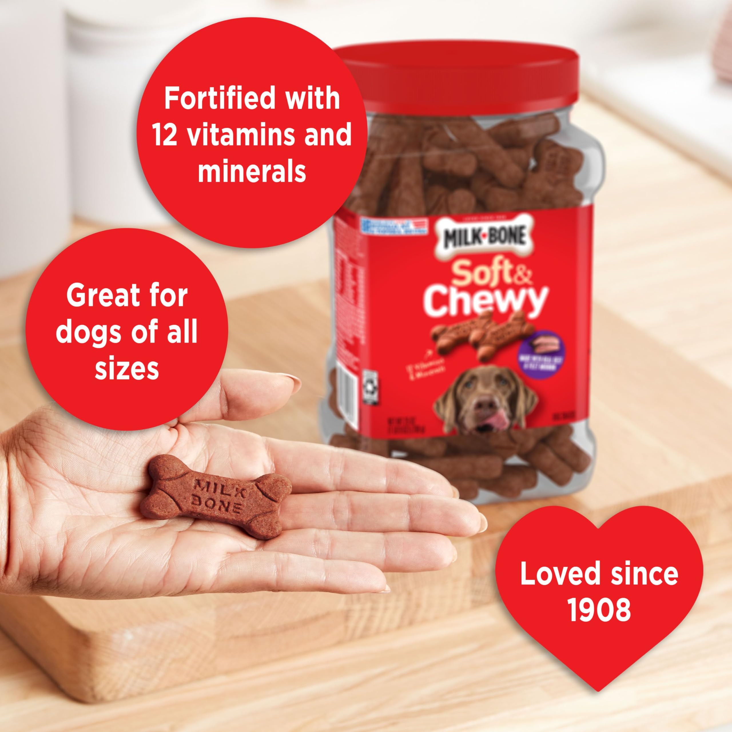 Milk-Bone Soft Chewy texture, easy-to-digest dog treats for small and large dogs.