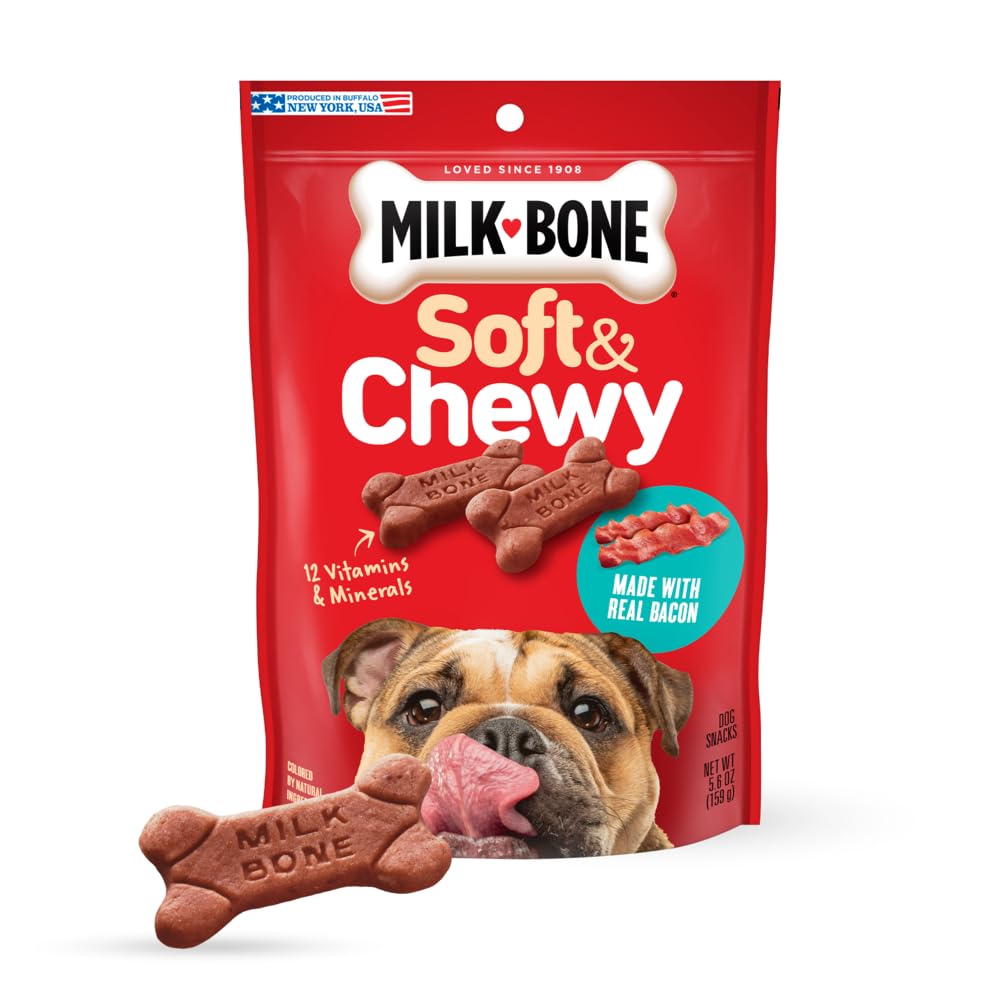 Milk-Bone Suaves y Masticables con Tocino Real para perros, merienda sabrosa en cualquier momento.