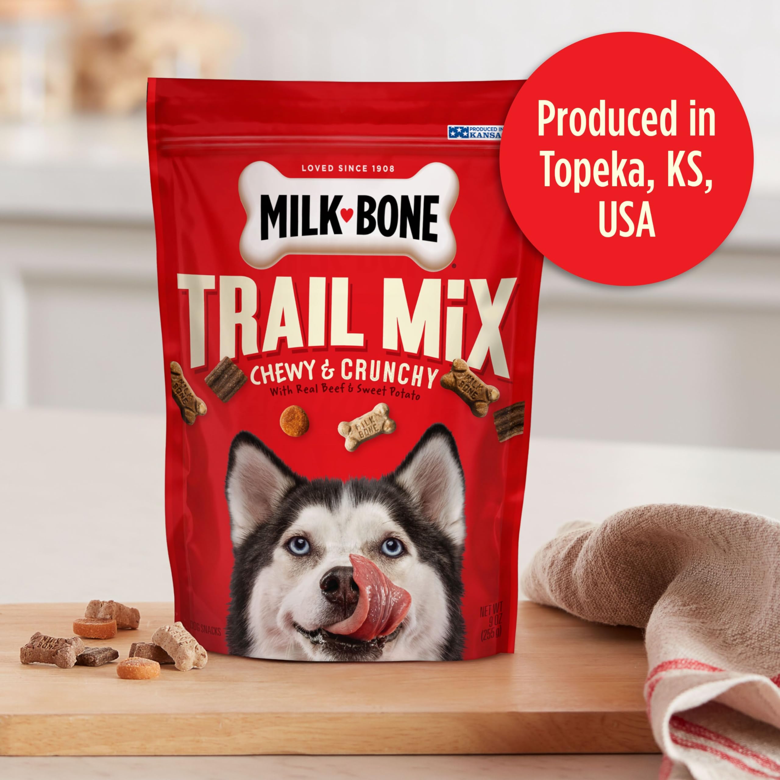 Milk-Bone Trail Mix porciones pequeñas para premiar durante el entrenamiento.