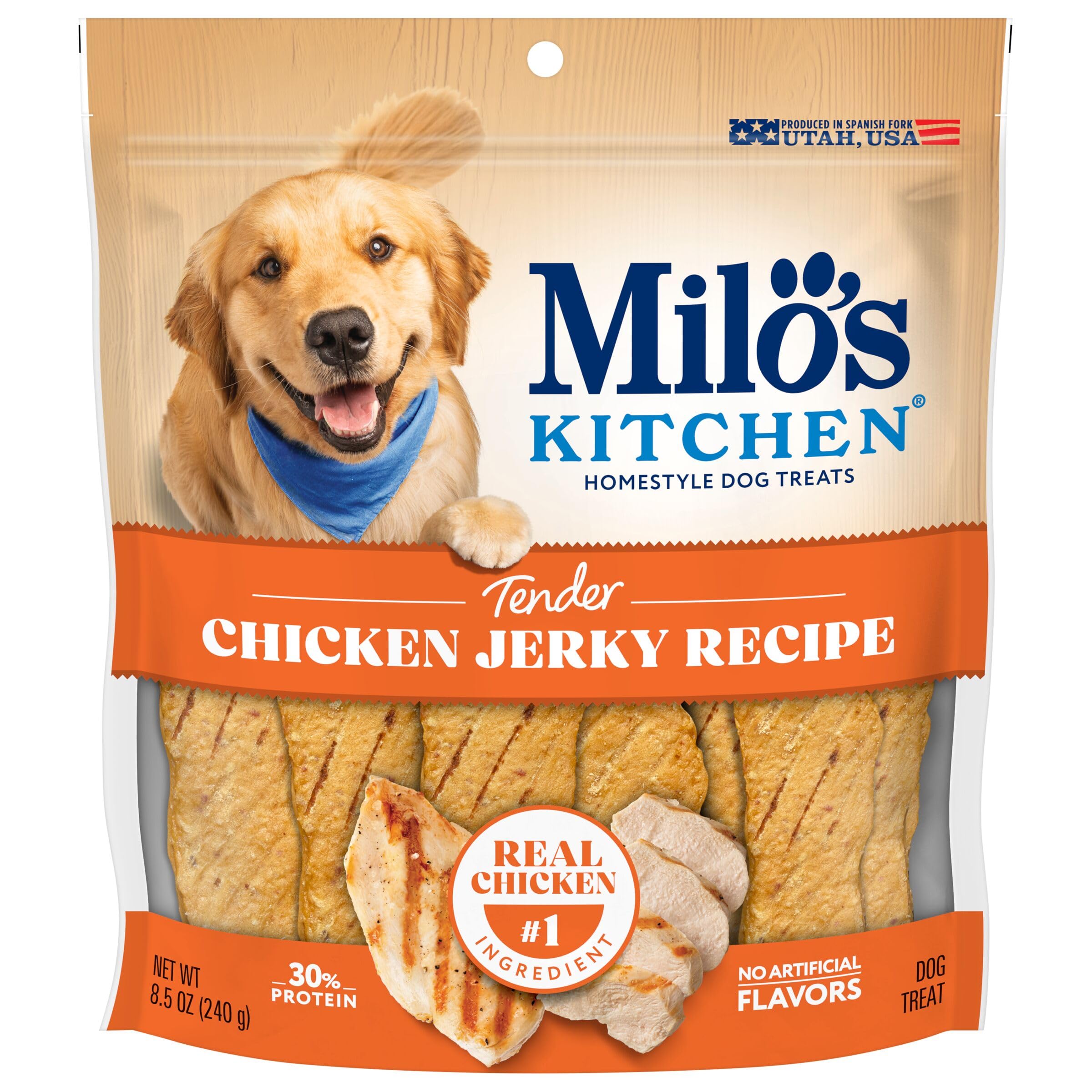 Milo's Kitchen jerky de pollo en bolsa, snack proteico para perros