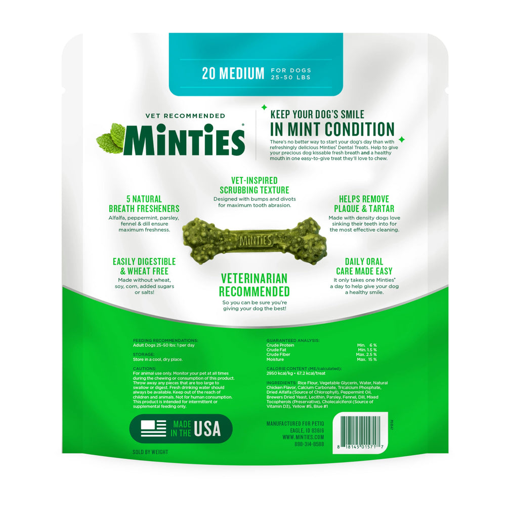 Minties dental chews: para perros medianos, apoyo a la limpieza dental.
