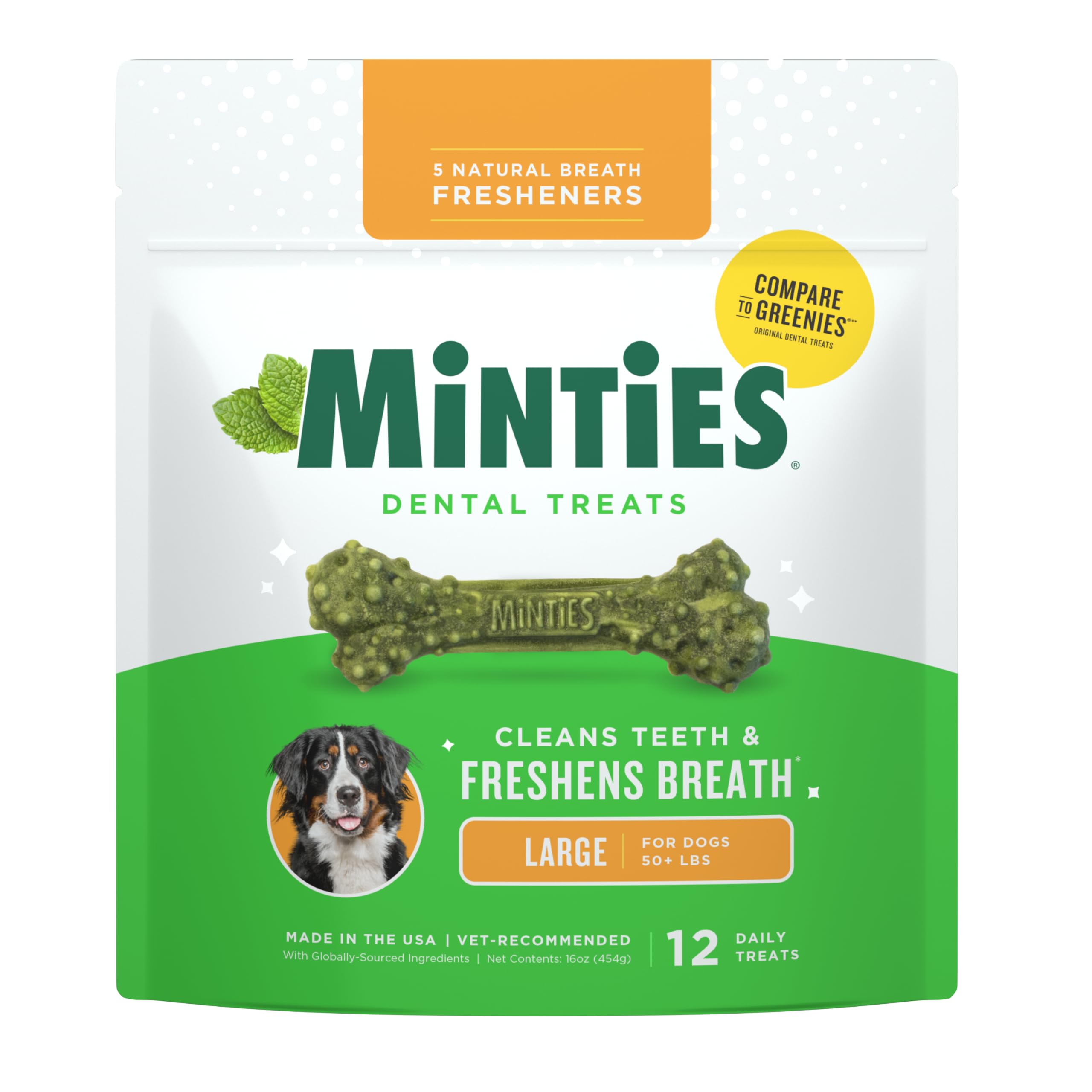 Minties empaque dental para perros grandes, listo para impulsar la higiene bucal diaria.