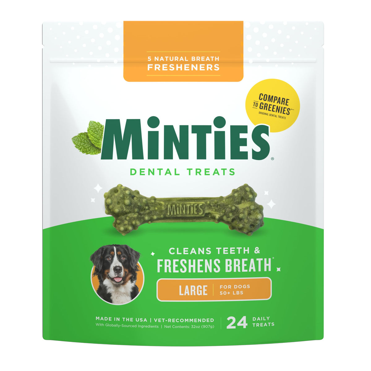 Minties, huesos dentales para perros grandes, ayudan a limpieza dental.