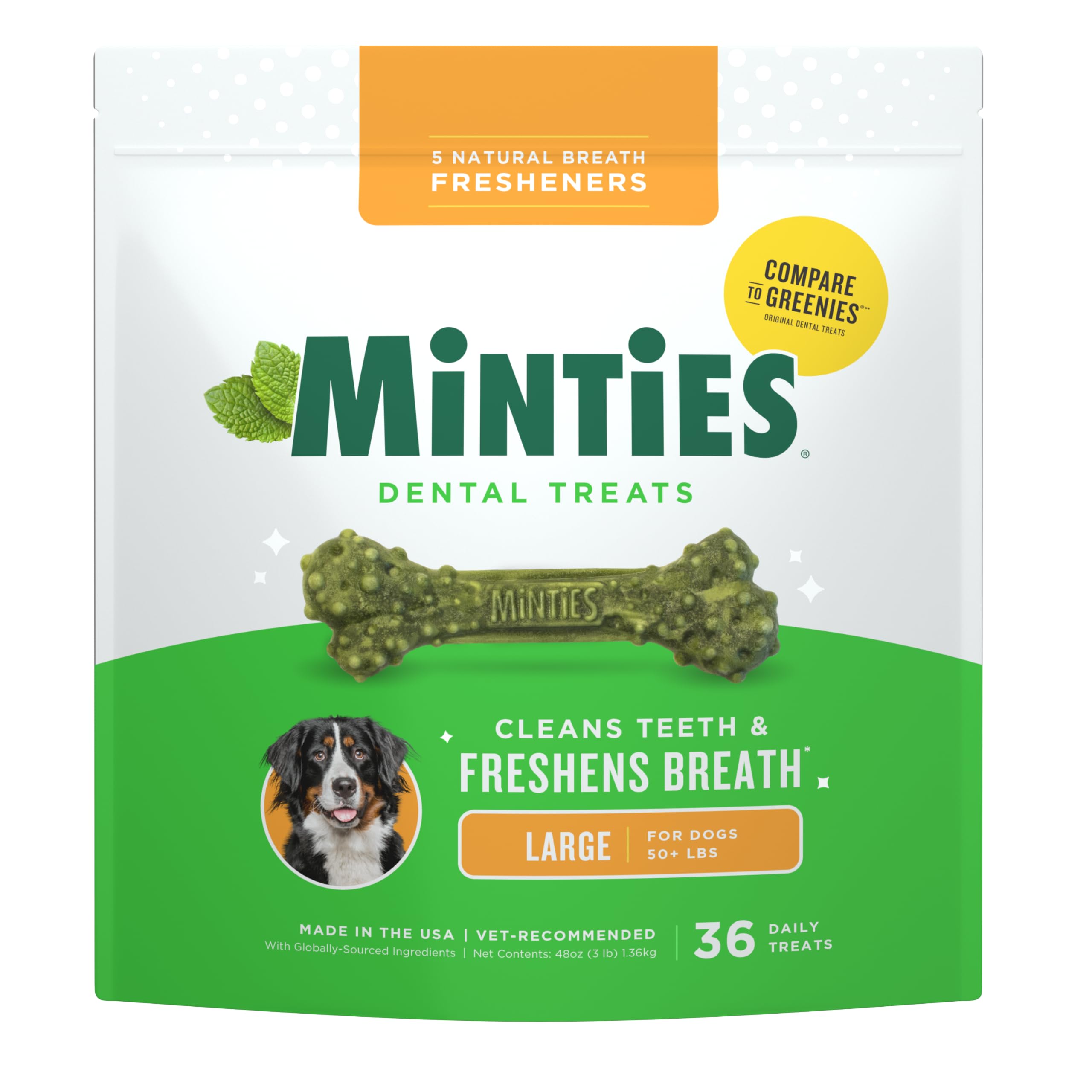 Minties: empaque de 36 huesos dentales para perros grandes, listo para usar