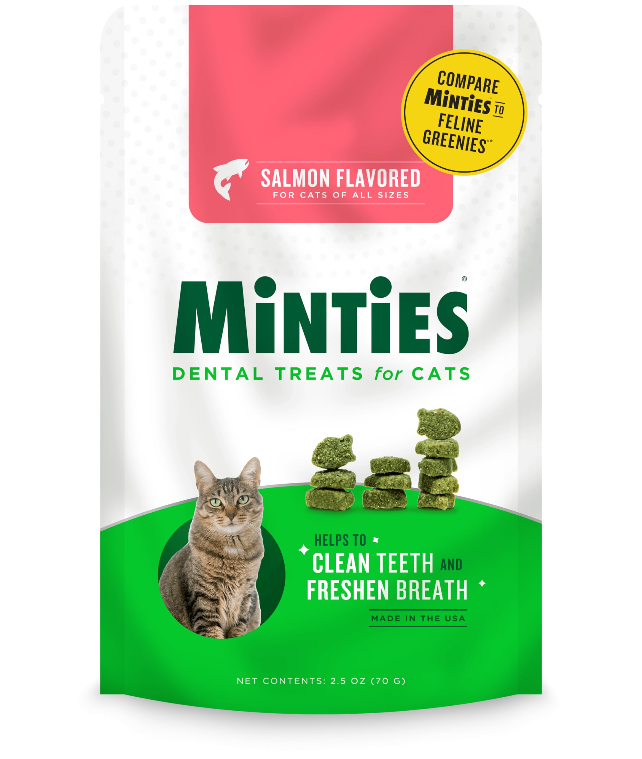 Minties Premios Dentales para Gatos sabor salmón, empaque claro y aliento más fresco