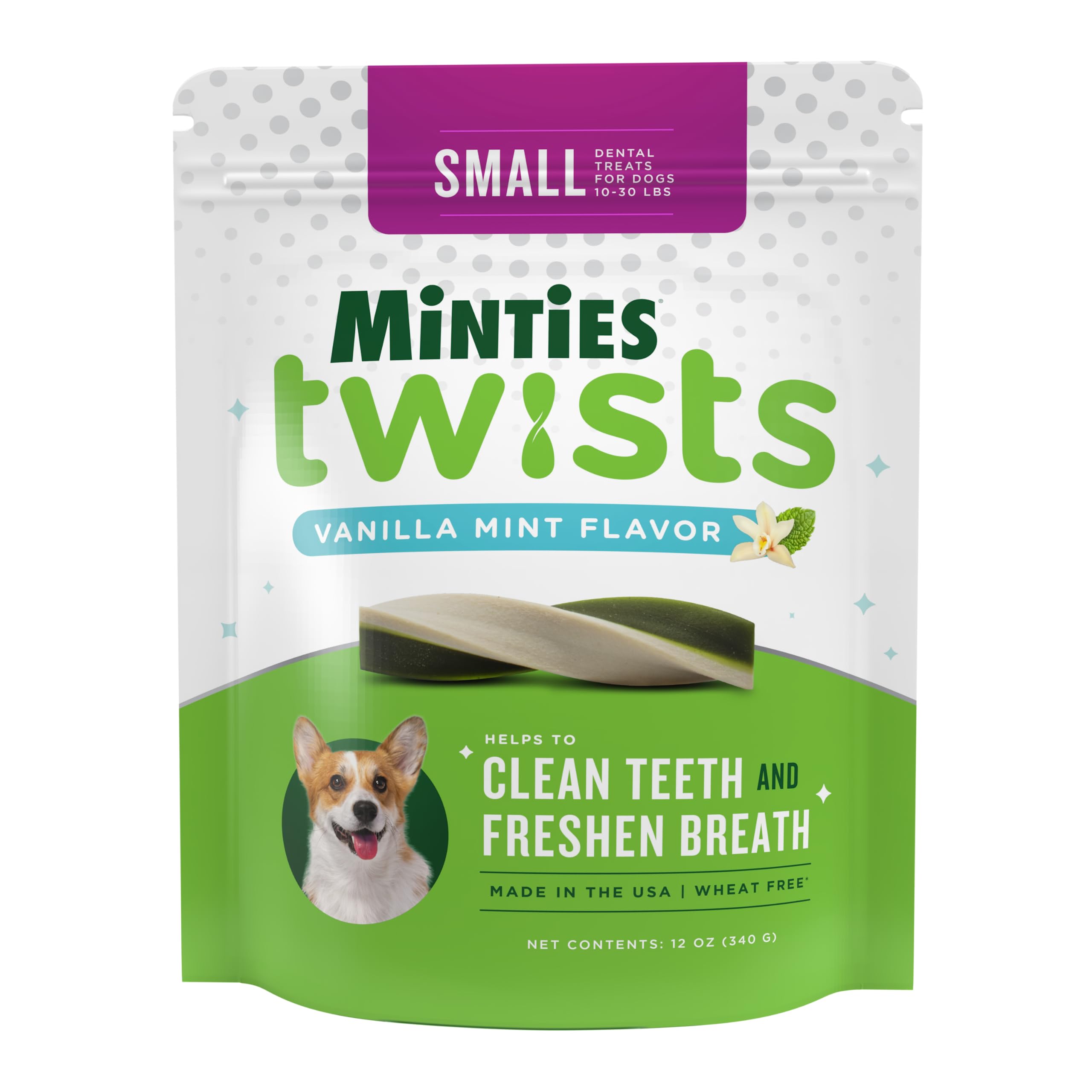 Minties Twists VetIQ empaque 12 onzas para uso diario en hogares con perros pequeños.