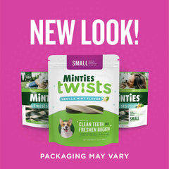 Minties Twists VetIQ etiqueta sin gluten, adecuada para dietas sensibles.