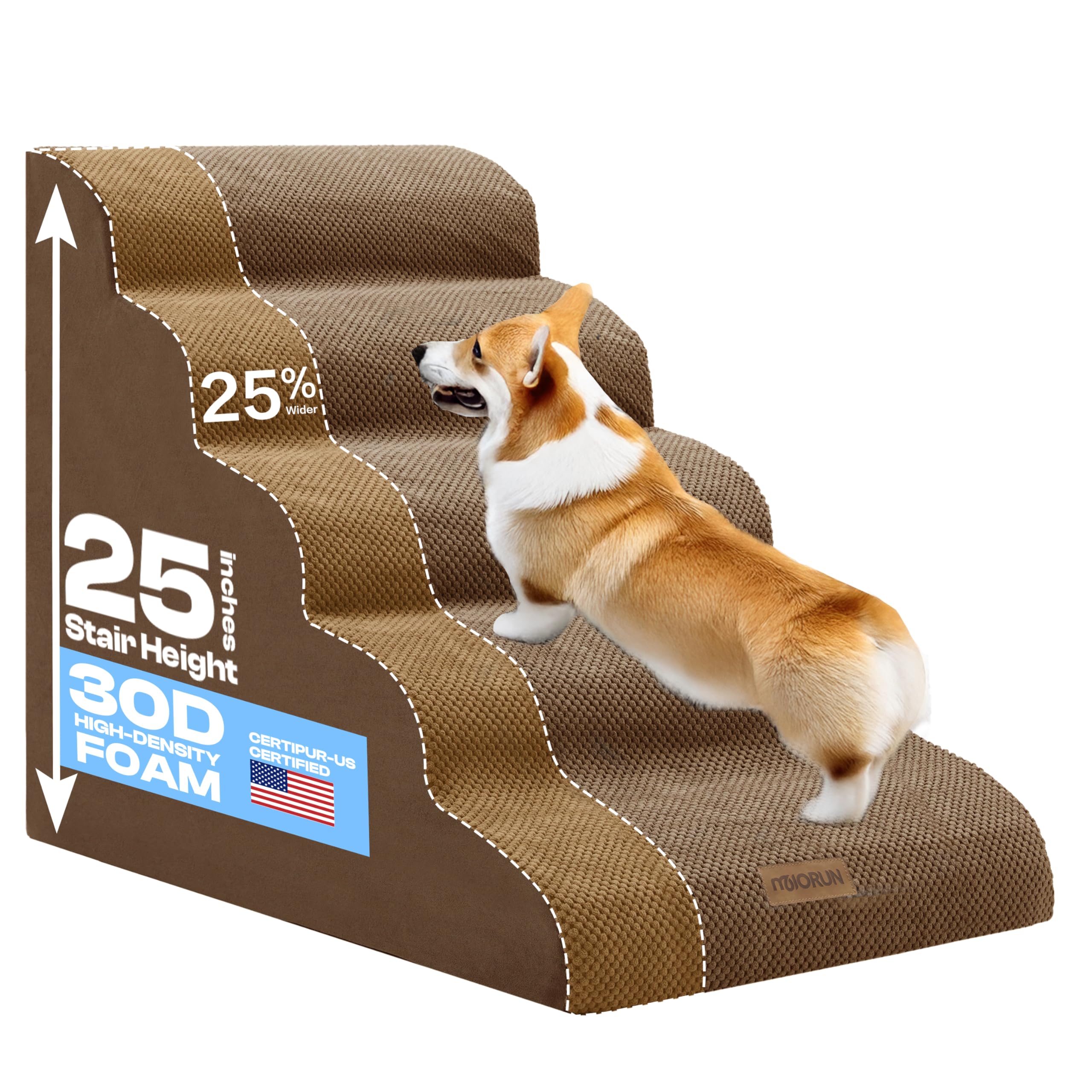 Escaleras Miorun para perros con ancho extra junto a cama alta.