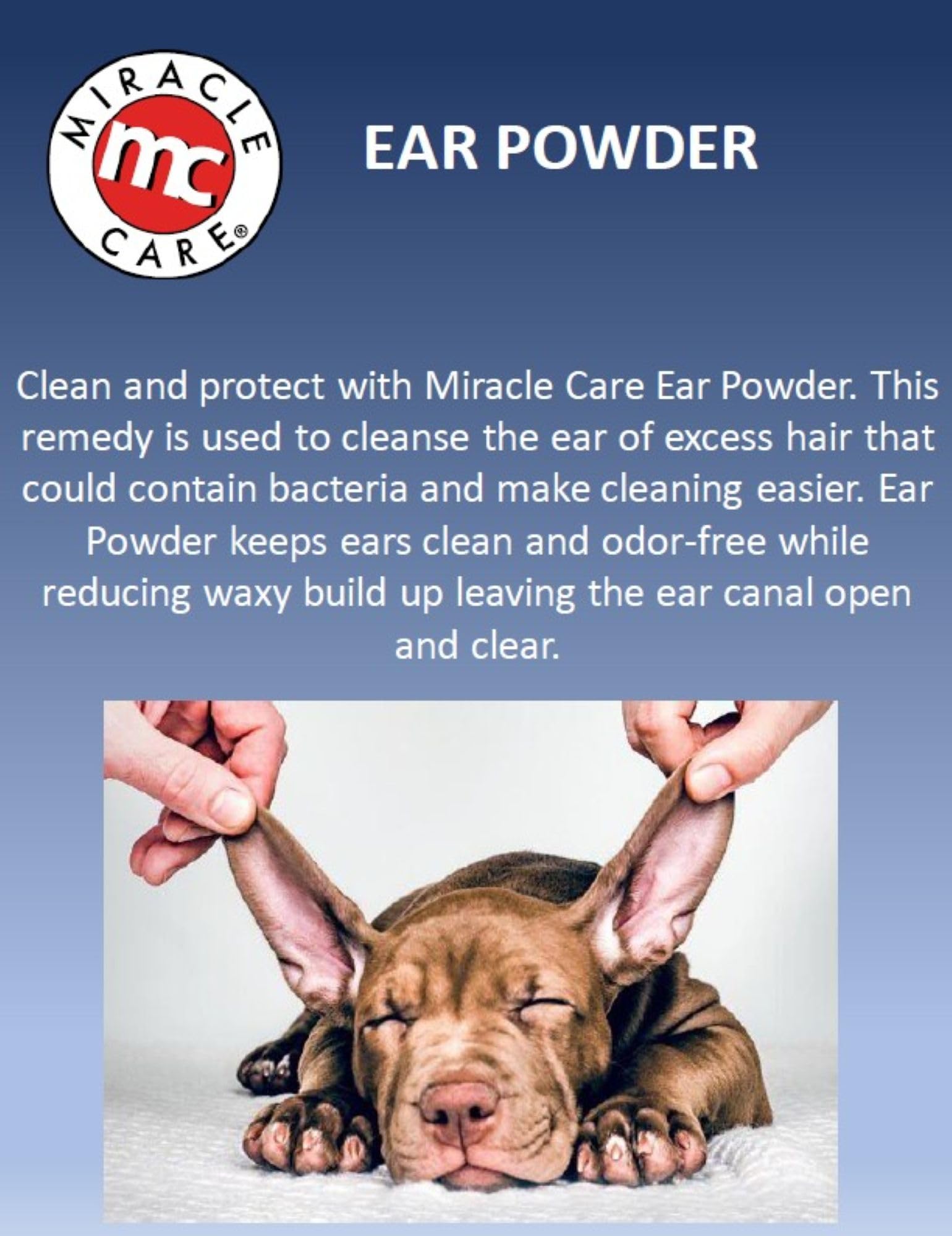Conjunto de productos Miracle Care para higiene de oídos de mascotas.