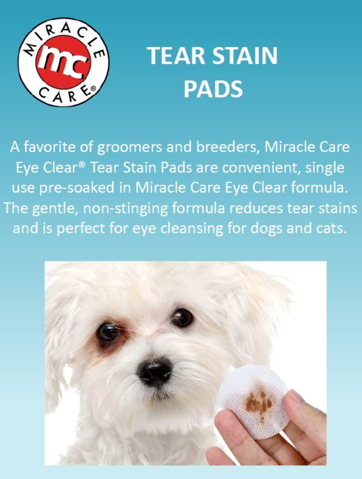 Limpieza rápida de ojos con Miracle Care para mascotas en casa.