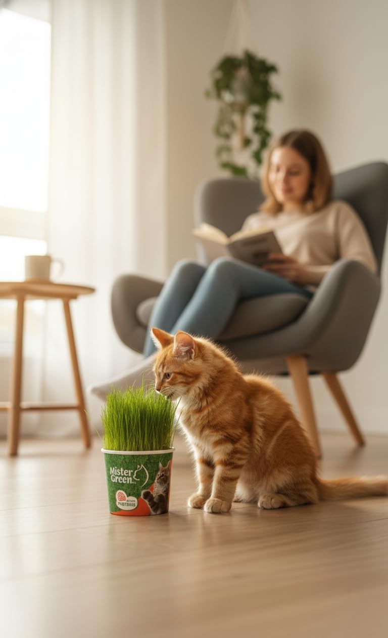 Mister Green Pet Cat Grass Grow Kit – gato disfrutando de grama fresca