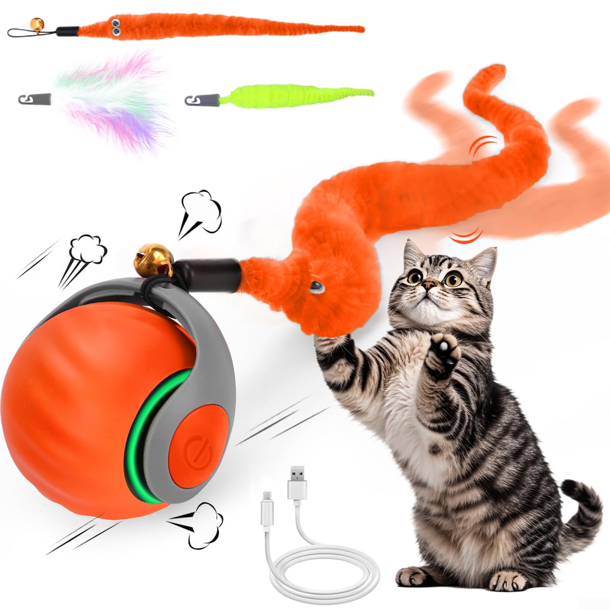Gato explorando la bola interactiva Mity Rain con plumas y movimiento